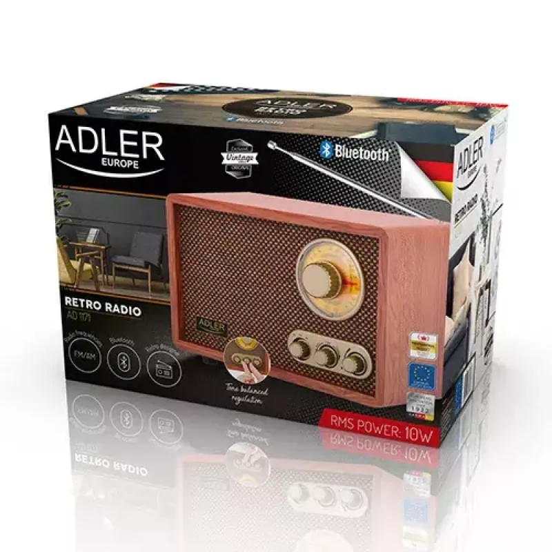 Pārnēsājams radio Adler AD 1171 — AM/FM, 10 W RMS, Bluetooth, ārējā antena, bronzas, 290×200×172 mm