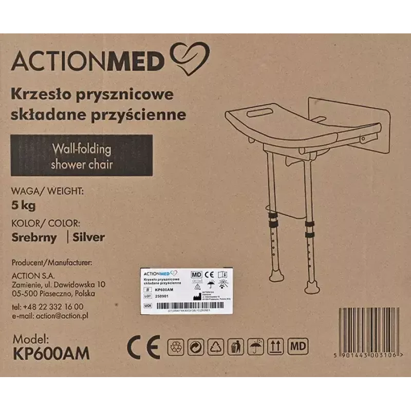 Pie sienas stiprināms salokāms dušas krēsls ActionMed KP600AM — balts, ergonomisks sēdeklis, regulējamas neslīdošas kājiņas, 3 kg