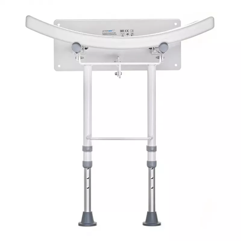 Pie sienas stiprināms salokāms dušas krēsls ActionMed KP600AM — balts, ergonomisks sēdeklis, regulējamas neslīdošas kājiņas, 3 kg
