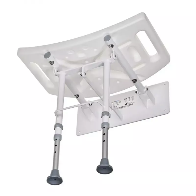Pie sienas stiprināms salokāms dušas krēsls ActionMed KP600AM — balts, ergonomisks sēdeklis, regulējamas neslīdošas kājiņas, 3 kg