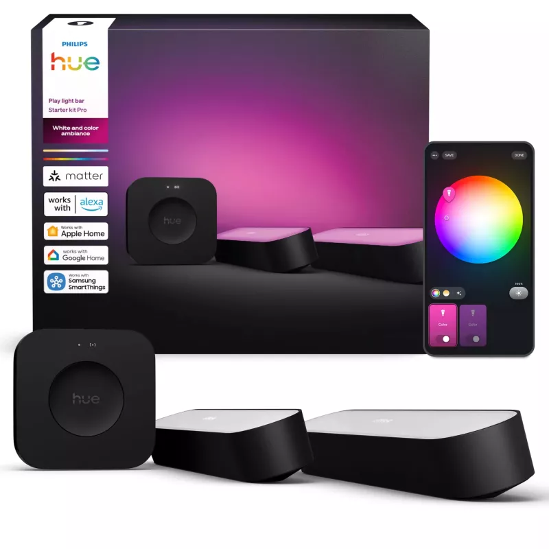 Philips Hue Play gaismas stieņu iesācēja komplekts — 2 Play gaismas stieņi + Hue Bridge Pro, Bluetooth, melns, C tipa kontaktdakša