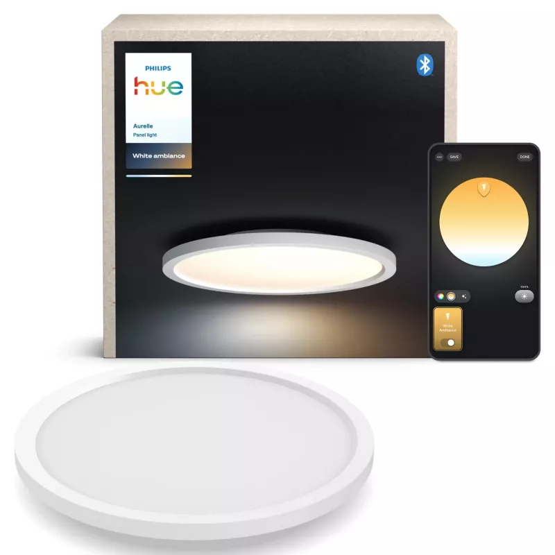 Philips Aurelle Hue apaļais paneļa gaismeklis, Viedais griestu gaismeklis, Bluetooth/Zigbee, Balts, LED, Alumīnijs, Maināms
