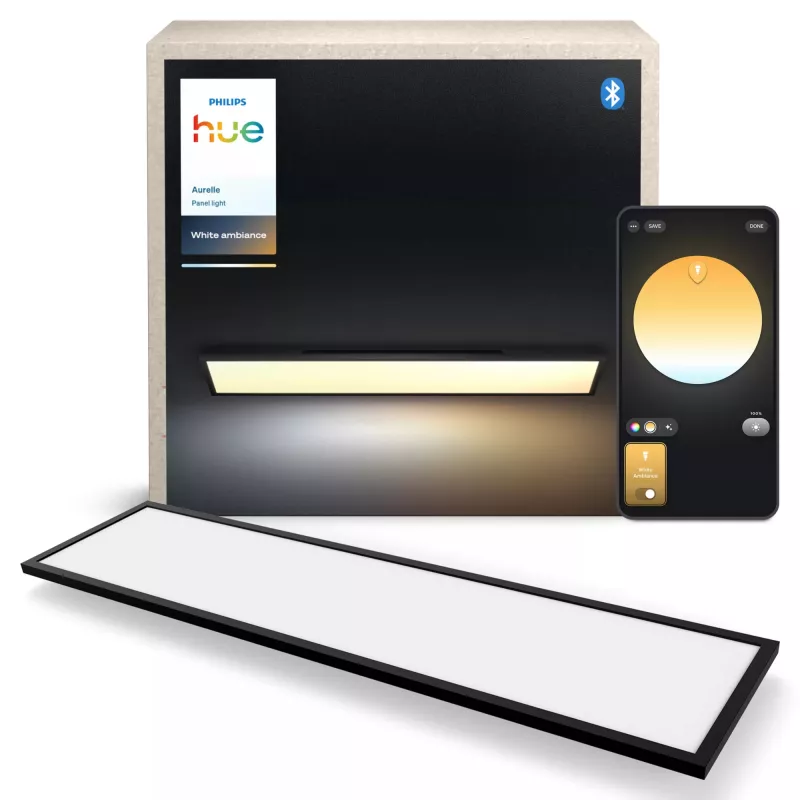 Vieda griestu gaismeklis Signify Philips Aurelle Rectangle Panel — Bluetooth/Zigbee, 1200×300×48 mm, melna