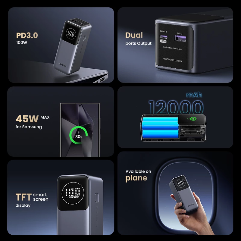 Pārnēsājams ārējais akumulators Ugreen 12000mAh 100W ātrā uzlāde