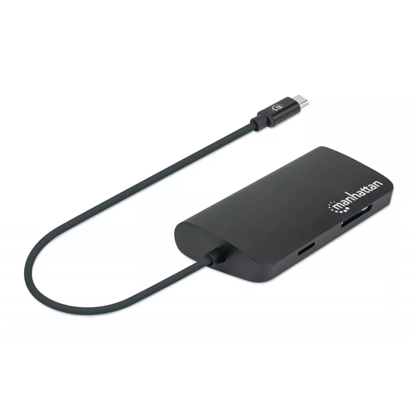 Manhattan USB-C dokstacija/multiportu adapteris ar karšu lasītāju, pieslēgvietas (x5): Ethernet, USB-A (3) un USB-C, 5 Gbps (USB 3.2 Gen1 jeb USB 3.0), ar strāvas piegādi (100 W) USB-C pieslēgvietai (piezīme: nepieciešams papildu USB-C sienas lādētājs un USB-C kabelis), universāli piemērots visām ierīcēm, alumīnijs