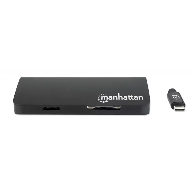 Manhattan USB-C dokstacija/multiportu adapteris ar karšu lasītāju, pieslēgvietas (x5): Ethernet, USB-A (3) un USB-C, 5 Gbps (USB 3.2 Gen1 jeb USB 3.0), ar strāvas piegādi (100 W) USB-C pieslēgvietai (piezīme: nepieciešams papildu USB-C sienas lādētājs un USB-C kabelis), universāli piemērots visām ierīcēm, alumīnijs