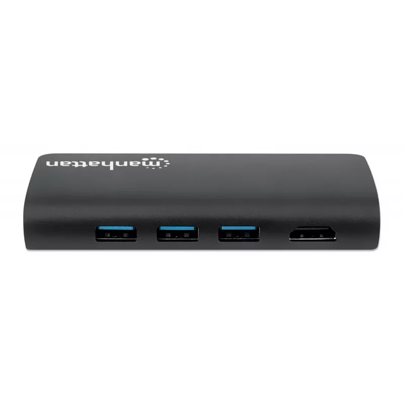 Manhattan USB-C dokstacija/multiportu adapteris ar karšu lasītāju, pieslēgvietas (x5): Ethernet, USB-A (3) un USB-C, 5 Gbps (USB 3.2 Gen1 jeb USB 3.0), ar strāvas piegādi (100 W) USB-C pieslēgvietai (piezīme: nepieciešams papildu USB-C sienas lādētājs un USB-C kabelis), universāli piemērots visām ierīcēm, alumīnijs