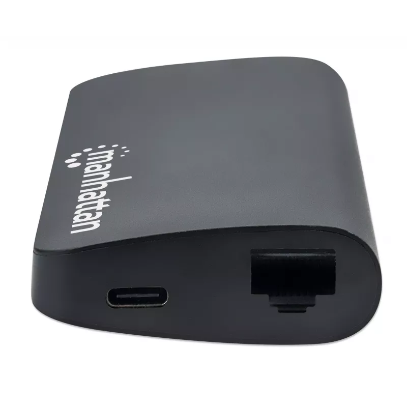 Manhattan USB-C dokstacija/multiportu adapteris ar karšu lasītāju, pieslēgvietas (x5): Ethernet, USB-A (3) un USB-C, 5 Gbps (USB 3.2 Gen1 jeb USB 3.0), ar strāvas piegādi (100 W) USB-C pieslēgvietai (piezīme: nepieciešams papildu USB-C sienas lādētājs un USB-C kabelis), universāli piemērots visām ierīcēm, alumīnijs