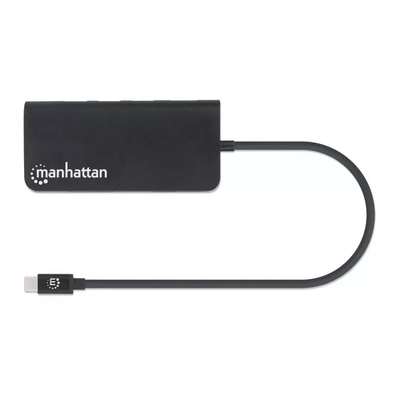 Manhattan USB-C dokstacija/multiportu adapteris ar karšu lasītāju, pieslēgvietas (x5): Ethernet, USB-A (3) un USB-C, 5 Gbps (USB 3.2 Gen1 jeb USB 3.0), ar strāvas piegādi (100 W) USB-C pieslēgvietai (piezīme: nepieciešams papildu USB-C sienas lādētājs un USB-C kabelis), universāli piemērots visām ierīcēm, alumīnijs