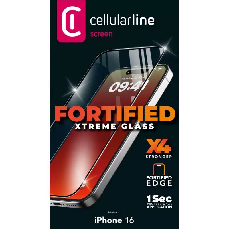 Cellularline Fortified Xtreme Glass - iPhone 16 īpaši aizsargājošs rūdītais stikls ar pastiprinātām malām, viegli uzklājams un īpaši izturīgs