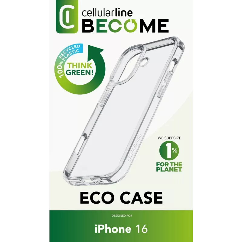 Cellularline Become Case - iPhone 16 vāciņš, izgatavots no 100% pārstrādātas plastmasas
