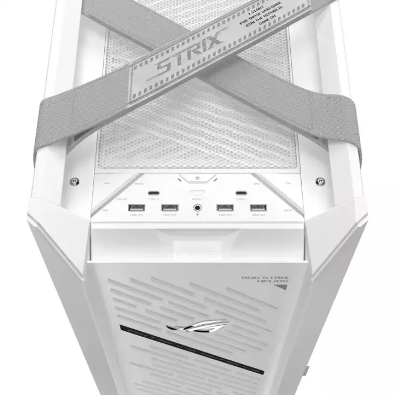 PC korpuss ASUS ROG Strix Helios II Midi Tower balts — atbalsta EATX/ATX/Micro‑ATX/Mini‑ITX, 3x140mm priekšā + 1x140mm aizmugurē, 2×3,5 collu + 4×2,5 collu sloti, rūdīts stikls