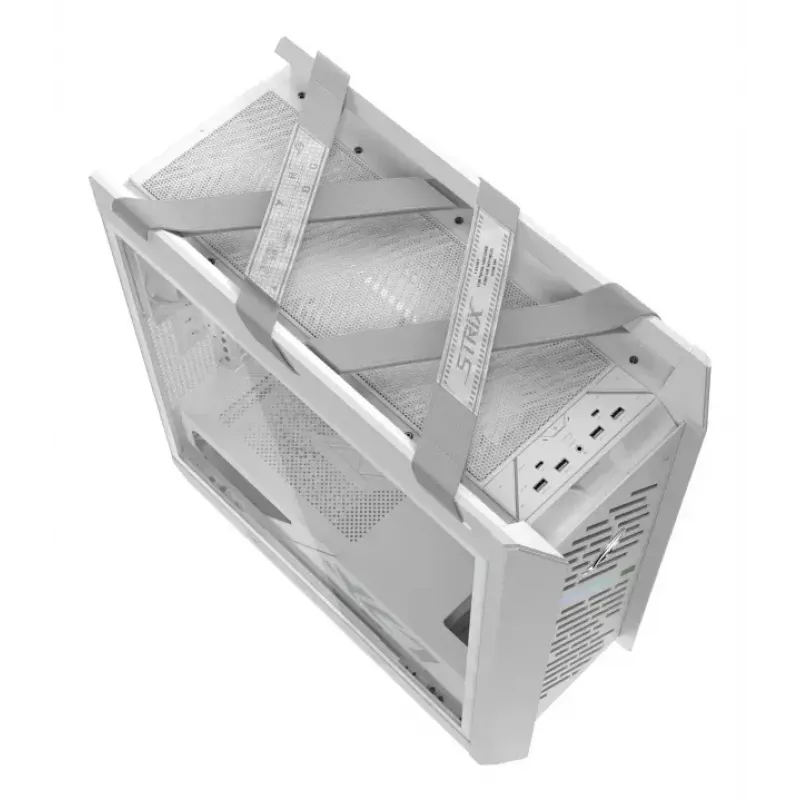 PC korpuss ASUS ROG Strix Helios II Midi Tower balts — atbalsta EATX/ATX/Micro‑ATX/Mini‑ITX, 3x140mm priekšā + 1x140mm aizmugurē, 2×3,5 collu + 4×2,5 collu sloti, rūdīts stikls