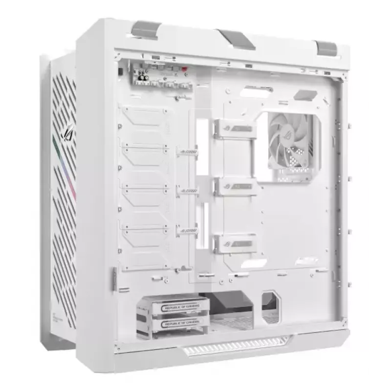 PC korpuss ASUS ROG Strix Helios II Midi Tower balts — atbalsta EATX/ATX/Micro‑ATX/Mini‑ITX, 3x140mm priekšā + 1x140mm aizmugurē, 2×3,5 collu + 4×2,5 collu sloti, rūdīts stikls