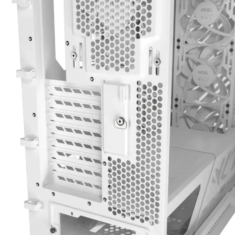 PC korpuss ASUS ROG Strix Helios II Midi Tower balts — atbalsta EATX/ATX/Micro‑ATX/Mini‑ITX, 3x140mm priekšā + 1x140mm aizmugurē, 2×3,5 collu + 4×2,5 collu sloti, rūdīts stikls