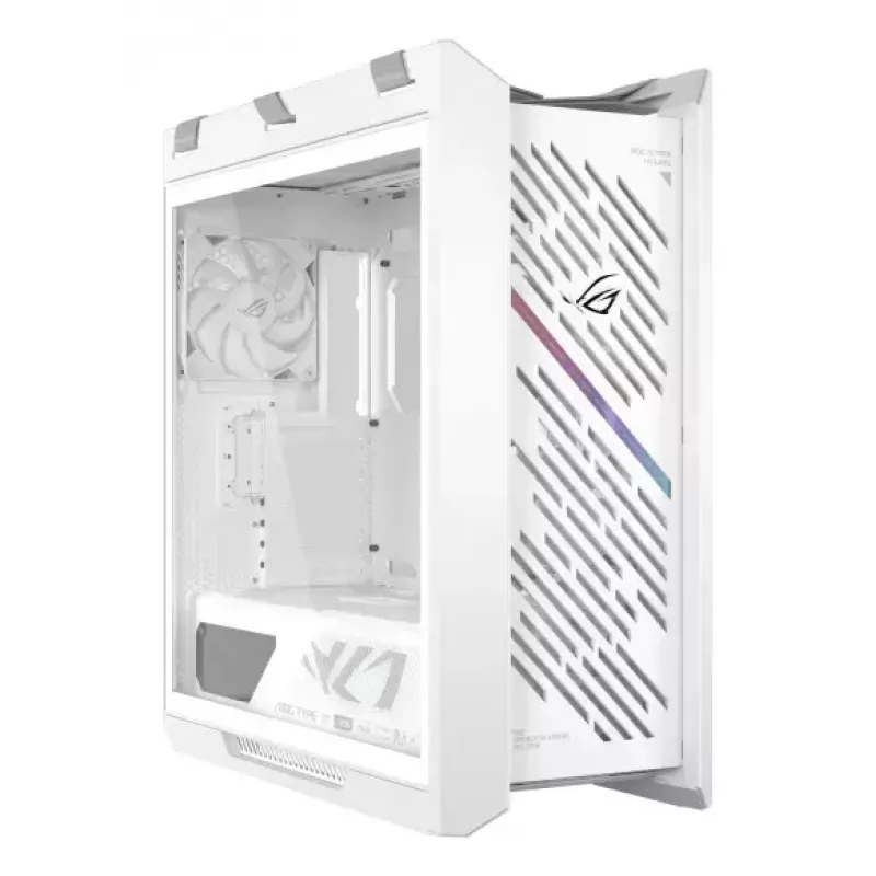 PC korpuss ASUS ROG Strix Helios II Midi Tower balts — atbalsta EATX/ATX/Micro‑ATX/Mini‑ITX, 3x140mm priekšā + 1x140mm aizmugurē, 2×3,5 collu + 4×2,5 collu sloti, rūdīts stikls