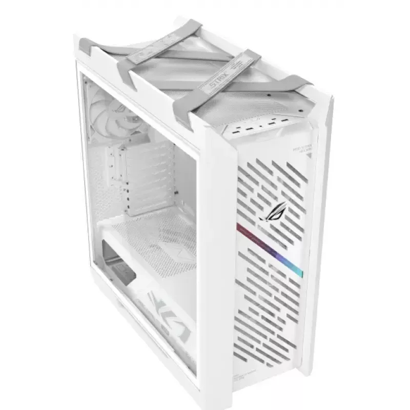PC korpuss ASUS ROG Strix Helios II Midi Tower balts — atbalsta EATX/ATX/Micro‑ATX/Mini‑ITX, 3x140mm priekšā + 1x140mm aizmugurē, 2×3,5 collu + 4×2,5 collu sloti, rūdīts stikls