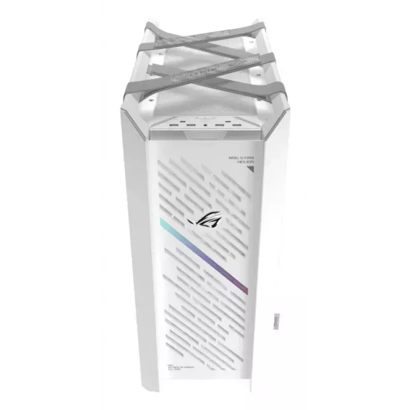 PC korpuss ASUS ROG Strix Helios II Midi Tower balts — atbalsta EATX/ATX/Micro‑ATX/Mini‑ITX, 3x140mm priekšā + 1x140mm aizmugurē, 2×3,5 collu + 4×2,5 collu sloti, rūdīts stikls