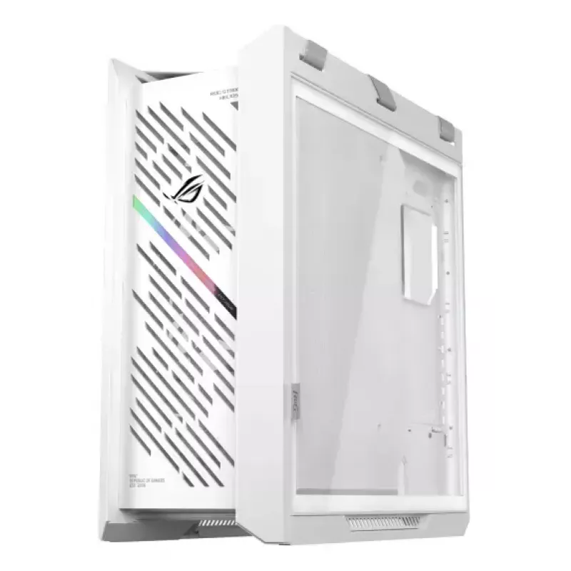 PC korpuss ASUS ROG Strix Helios II Midi Tower balts — atbalsta EATX/ATX/Micro‑ATX/Mini‑ITX, 3x140mm priekšā + 1x140mm aizmugurē, 2×3,5 collu + 4×2,5 collu sloti, rūdīts stikls