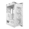 PC korpuss ASUS ROG Strix Helios II Midi Tower balts — atbalsta EATX/ATX/Micro‑ATX/Mini‑ITX, 3x140mm priekšā + 1x140mm aizmugurē, 2×3,5 collu + 4×2,5 collu sloti, rūdīts stikls