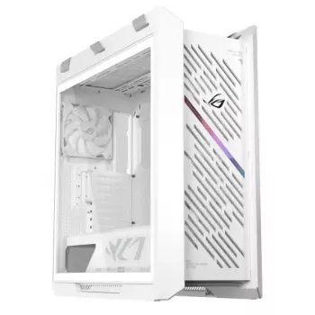 PC korpuss ASUS ROG Strix Helios II Midi Tower balts — atbalsta EATX/ATX/Micro‑ATX/Mini‑ITX, 3x140mm priekšā + 1x140mm aizmugurē, 2×3,5 collu + 4×2,5 collu sloti, rūdīts stikls