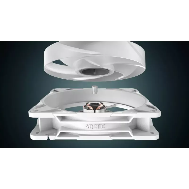140 mm ventilators Arctic Freezer P14 Pro Reverse A-RGB (balts) — 166,5 m³/h, 5,1 mmH₂O, FDB, PWM, kabeļa sadalītājs