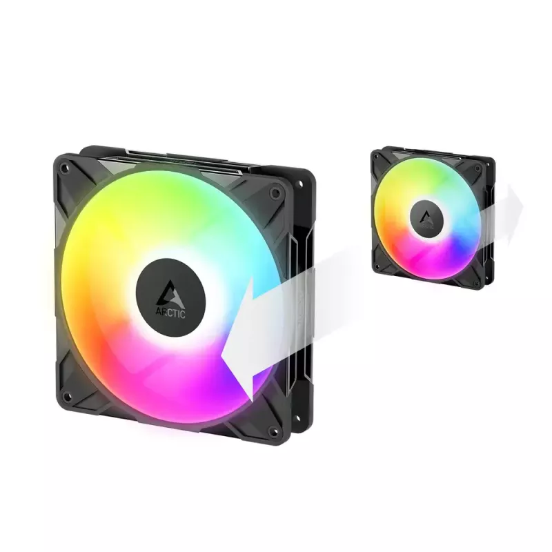140 mm korpusa ventilators Arctic Freezer P14 Pro Reverse A-RGB — PWM, 140 mm, 166.5 m³/h, 5.1 mmH2O, FDB, melns