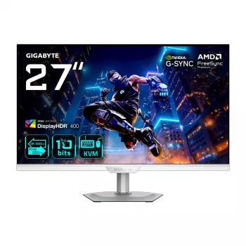 27 collu GIGABYTE M27UP ICE 4K UHD spēļu monitors — 3840×2160, Duālais režīms 4K 160 Hz / FHD 320 Hz, 1 ms, 350 cd/m², HDMI 2.1, DP 1.4