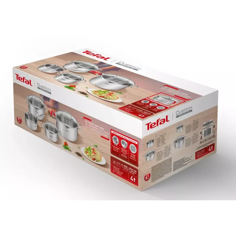 Vārīšanas katlu komplekts Tefal Duetto+ G719S7, nerūsējošais tērauds, 7 gab. (katliņi Ø16/20/24 cm, kastrolis Ø16 cm), indukcija, vāki, cepeškrāsnī drošs līdz 250°C