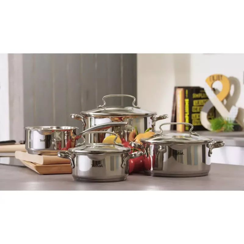 Vārīšanas katlu komplekts Tefal Duetto+ G719S7, nerūsējošais tērauds, 7 gab. (katliņi Ø16/20/24 cm, kastrolis Ø16 cm), indukcija, vāki, cepeškrāsnī drošs līdz 250°C