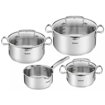 Vārīšanas katlu komplekts Tefal Duetto+ G719S7, nerūsējošais tērauds, 7 gab. (katliņi Ø16/20/24 cm, kastrolis Ø16 cm), indukcija, vāki, cepeškrāsnī drošs līdz 250°C