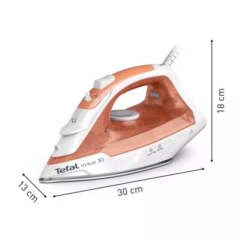 Tefal Virtuo 30 FV2C40E0 gludeklis Sausās un tvaika gludināšanas gludeklis Keramiskā pēda 2000 W Persiku, Balts