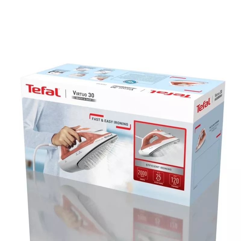 Tefal Virtuo 30 FV2C40E0 gludeklis Sausās un tvaika gludināšanas gludeklis Keramiskā pēda 2000 W Persiku, Balts