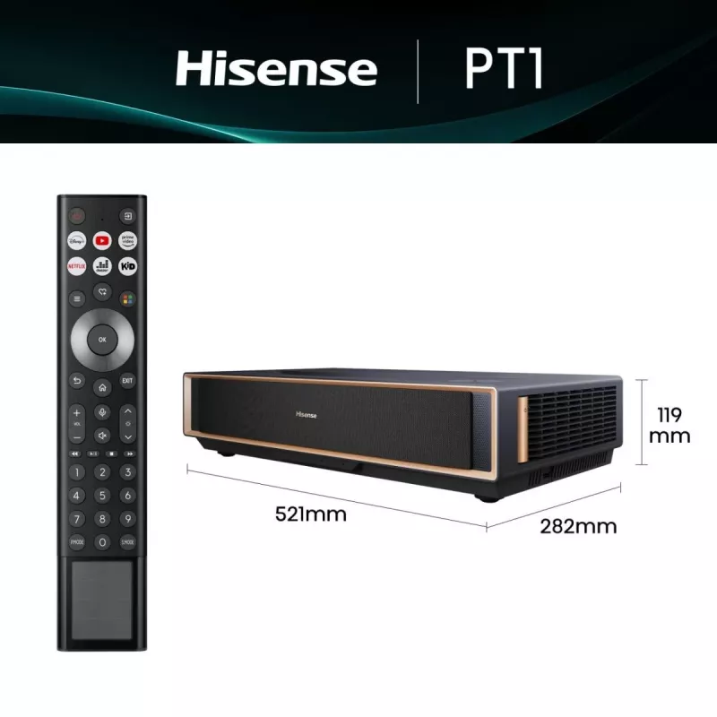 Projektors HISENSE PT1 3D viedais televizors, 16:9 dabiskā, Wi‑Fi un Ethernet, HDR (HLG), HDMI 2.0/2.1, melns