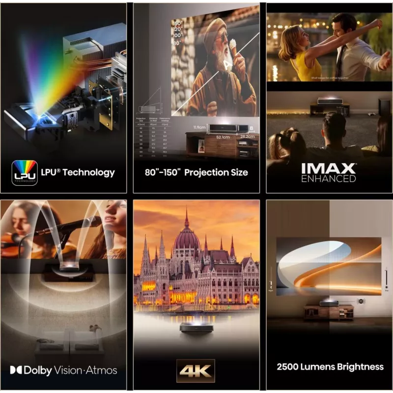 Projektors HISENSE PT1 3D viedais televizors, 16:9 dabiskā, Wi‑Fi un Ethernet, HDR (HLG), HDMI 2.0/2.1, melns
