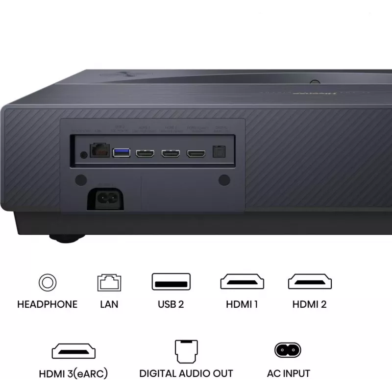 Projektors HISENSE PT1 3D viedais televizors, 16:9 dabiskā, Wi‑Fi un Ethernet, HDR (HLG), HDMI 2.0/2.1, melns