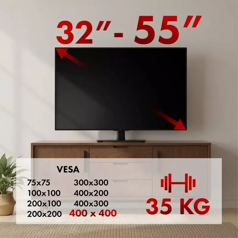 TV statīvs MACLEAN MC-132 32–55 collu televizoriem, atbalsta līdz 35 kg, 20° pagriešana, VESA 75x75–400x400