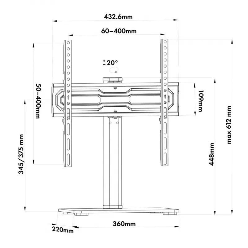 TV statīvs MACLEAN MC-132 32–55 collu televizoriem, atbalsta līdz 35 kg, 20° pagriešana, VESA 75x75–400x400