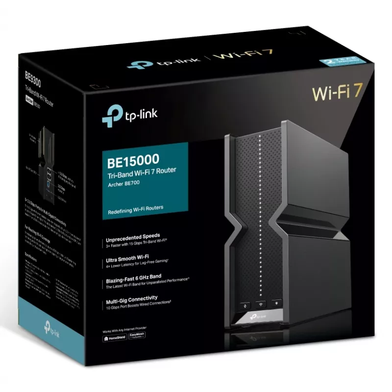 TP-Link Archer BE700 bezvadu maršrutētājs Multi-Gigabit Ethernet Tri-band (2,4 GHz / 5 GHz / 6 GHz) Melns