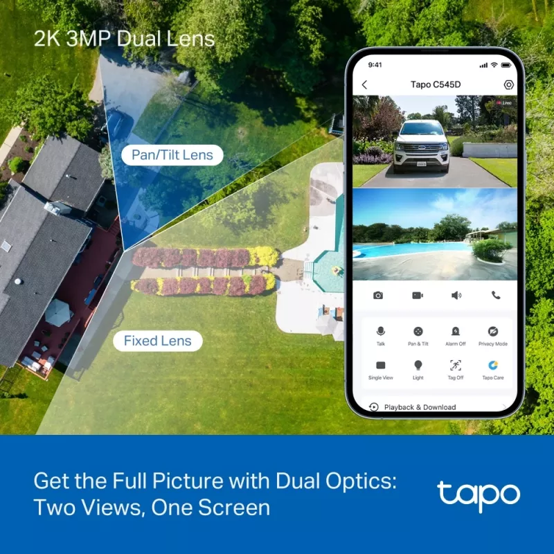 TP-Link Tapo āra dubultā lēcu pagriežama/noliekama drošības kamera, IP drošības kamera, Āra, Vadu un bezvadu, Griestu/Sienas/Staba stiprinājuma, Balta, Sfēriska