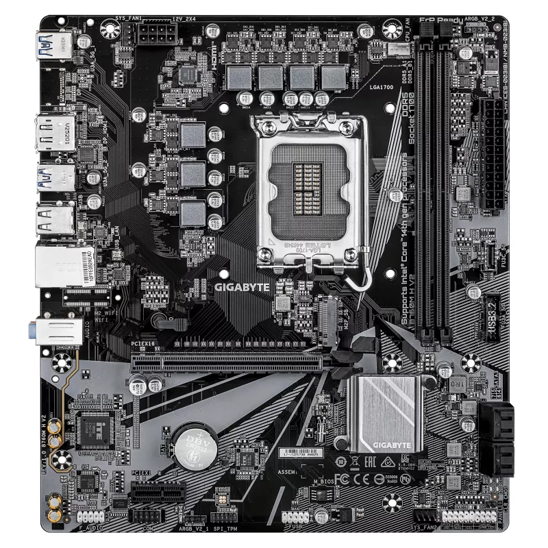 GIGABYTE B760M H V2 mātesplate - Atbalsta Intel Core 14. paaudzes CPU, 5+1+1 fāžu digitālais VRM, līdz 8000 MHz DDR5 (O.C.), 1xPCIe 4.0 M.2, 1GbE LAN, USB 3.2 Gen1