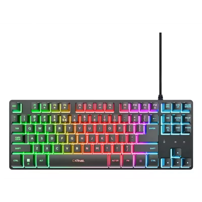 Tenkeyless spēļu tastatūra TRUST GXT 833 Thado, TKL 87 taustiņi, USB, QWERTY US, membrānas, RGB, melna