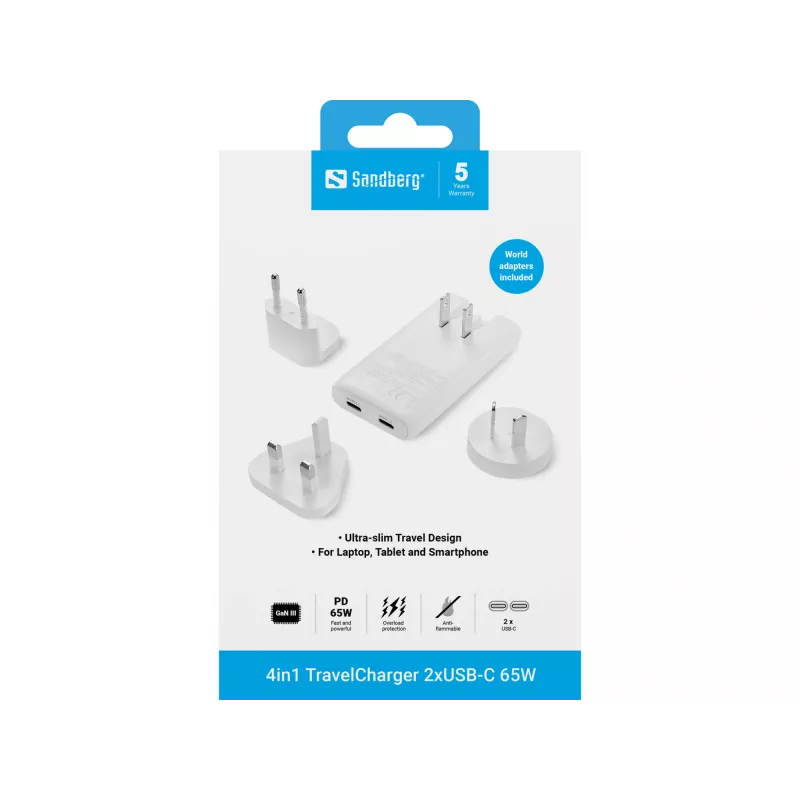 Sandberg 4in1 TravelCharger 65W balts, iekštelpām, maiņstrāva, 20 V, balts