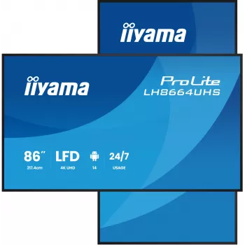 Digitālā reklāmas planšete IIYAMA LH8664UHS-B3AG — 85,6 collas (2,17 m) 3840x2160 4K IPS, 450 cd/m², Wi‑Fi, Android, 24/7, melna