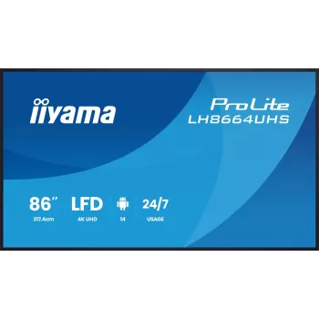 Digitālā reklāmas planšete IIYAMA LH8664UHS-B3AG — 85,6 collas (2,17 m) 3840x2160 4K IPS, 450 cd/m², Wi‑Fi, Android, 24/7, melna