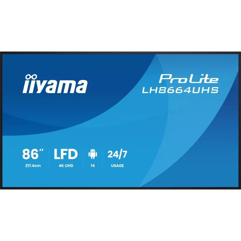 Digitālā reklāmas planšete IIYAMA LH8664UHS-B3AG — 85,6 collas (2,17 m) 3840x2160 4K IPS, 450 cd/m², Wi‑Fi, Android, 24/7, melna