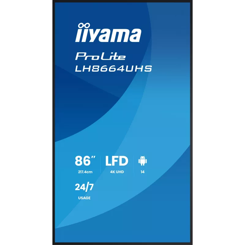Digitālā reklāmas planšete IIYAMA LH8664UHS-B3AG — 85,6 collas (2,17 m) 3840x2160 4K IPS, 450 cd/m², Wi‑Fi, Android, 24/7, melna