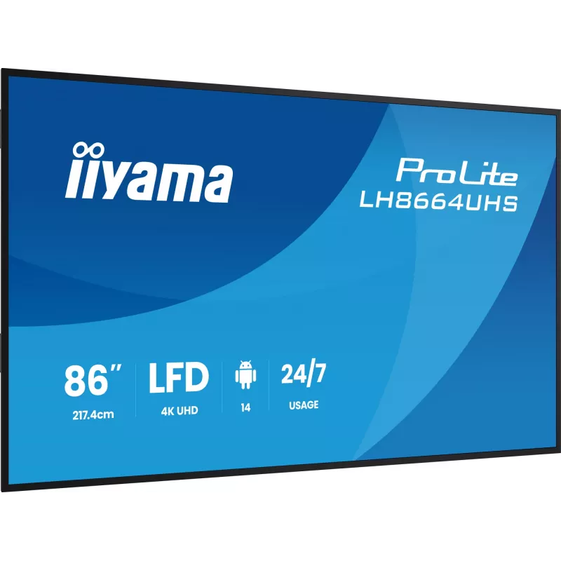 Digitālā reklāmas planšete IIYAMA LH8664UHS-B3AG — 85,6 collas (2,17 m) 3840x2160 4K IPS, 450 cd/m², Wi‑Fi, Android, 24/7, melna