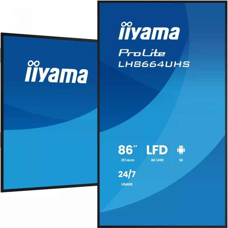 Digitālā reklāmas planšete IIYAMA LH8664UHS-B3AG — 85,6 collas (2,17 m) 3840x2160 4K IPS, 450 cd/m², Wi‑Fi, Android, 24/7, melna