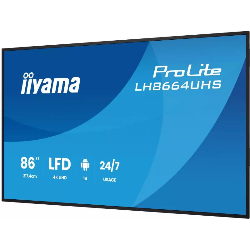 Digitālā reklāmas planšete IIYAMA LH8664UHS-B3AG — 85,6 collas (2,17 m) 3840x2160 4K IPS, 450 cd/m², Wi‑Fi, Android, 24/7, melna